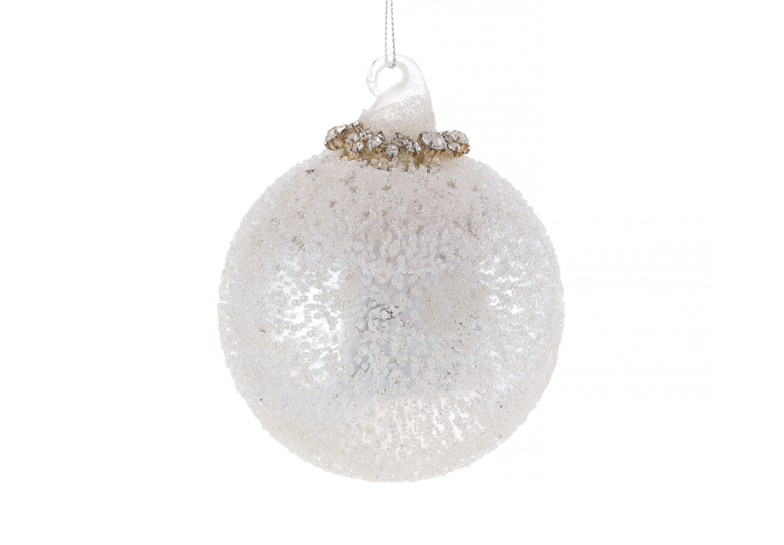 Glass Christmas tree ball with "ice" coating and rhinestone decoration