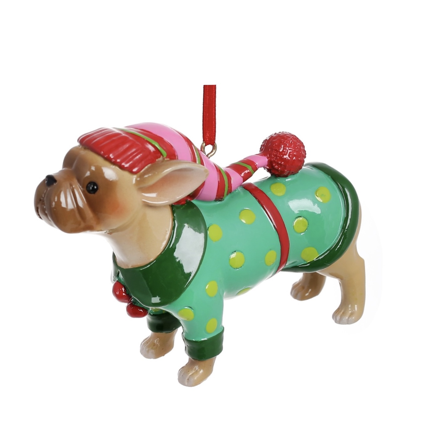 Bulldog in an elf costume ornament