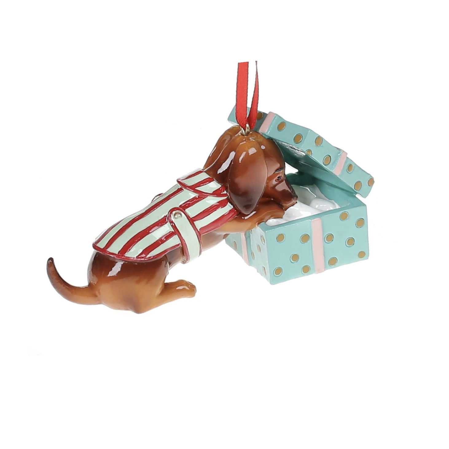 Dachshund with a gift ornament