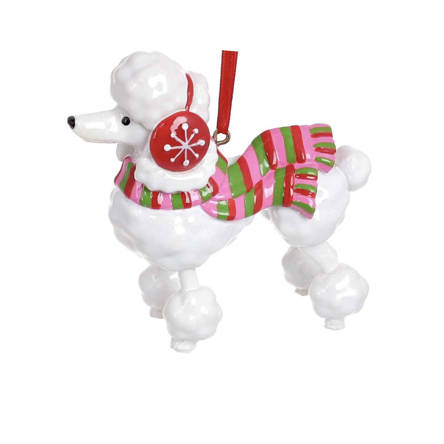 Poodle wearing headphones and a red scarf ornament