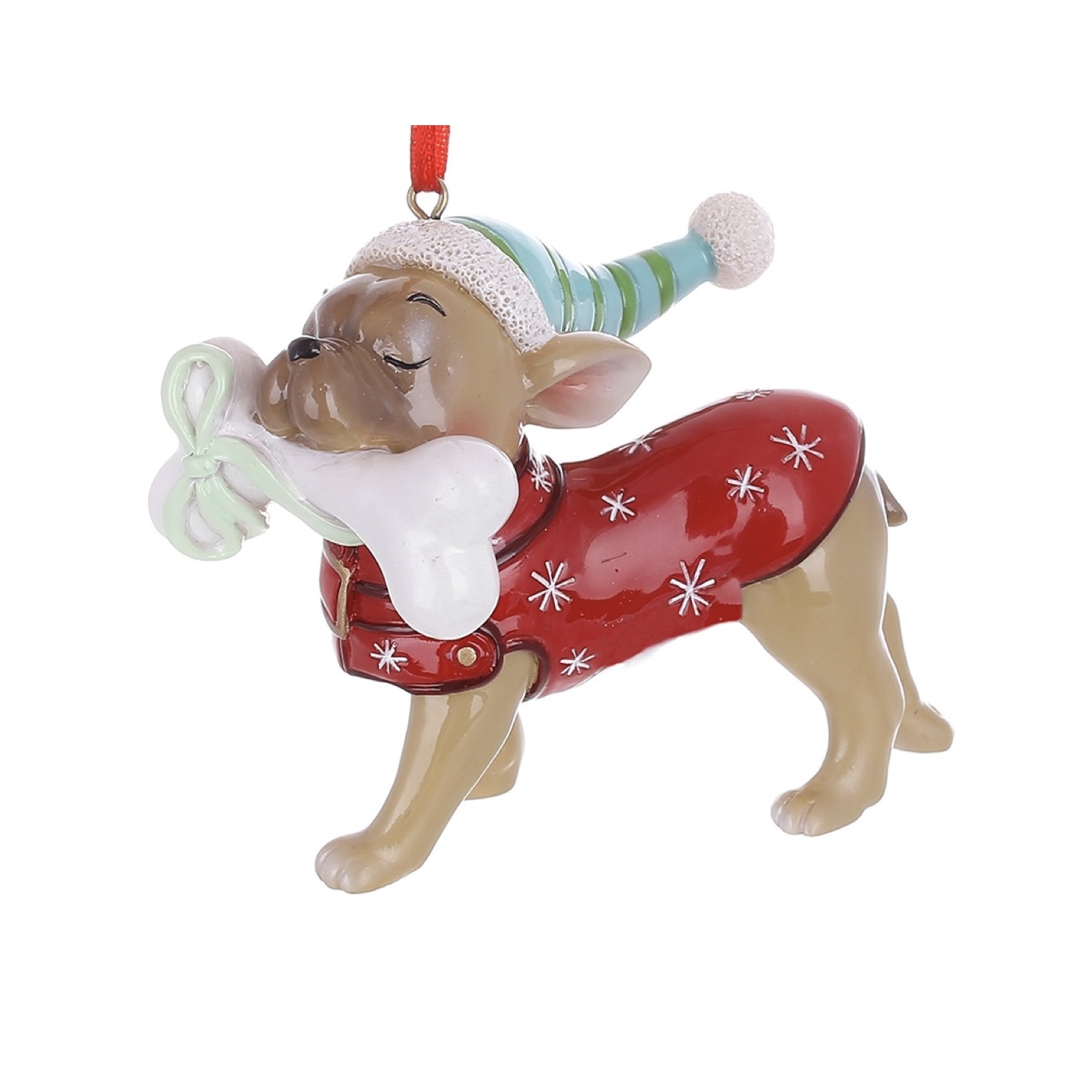 Bulldog in an elf costume ornament