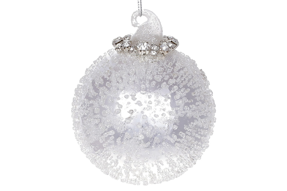 Glass Christmas tree ball with "ice" coating and rhinestone decoration