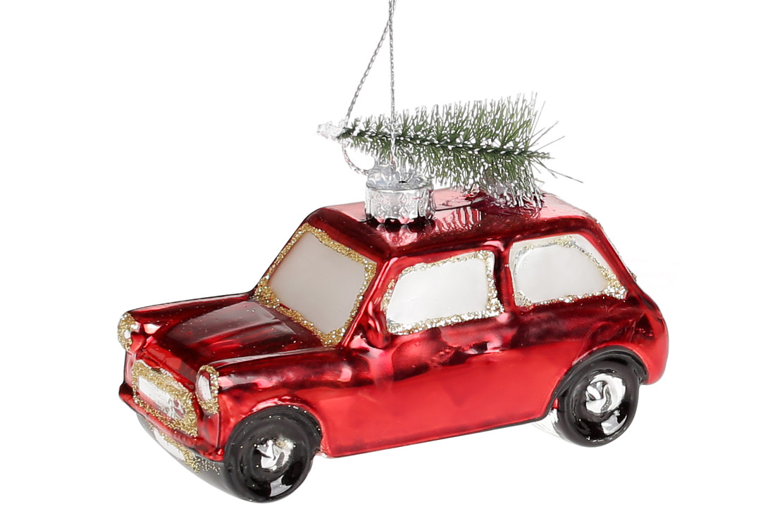 Glass car with christmas tree ornament