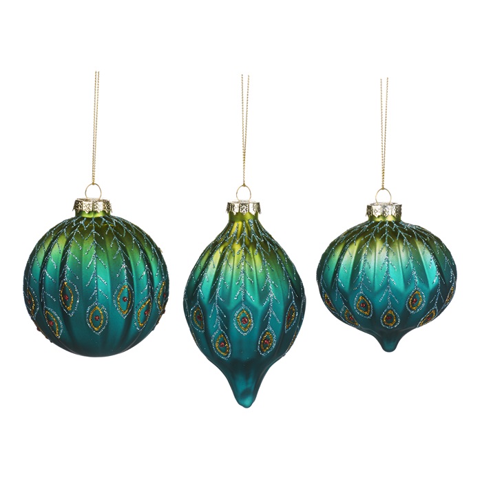 Glass grad.peacock ball/fin. ornament SET/3