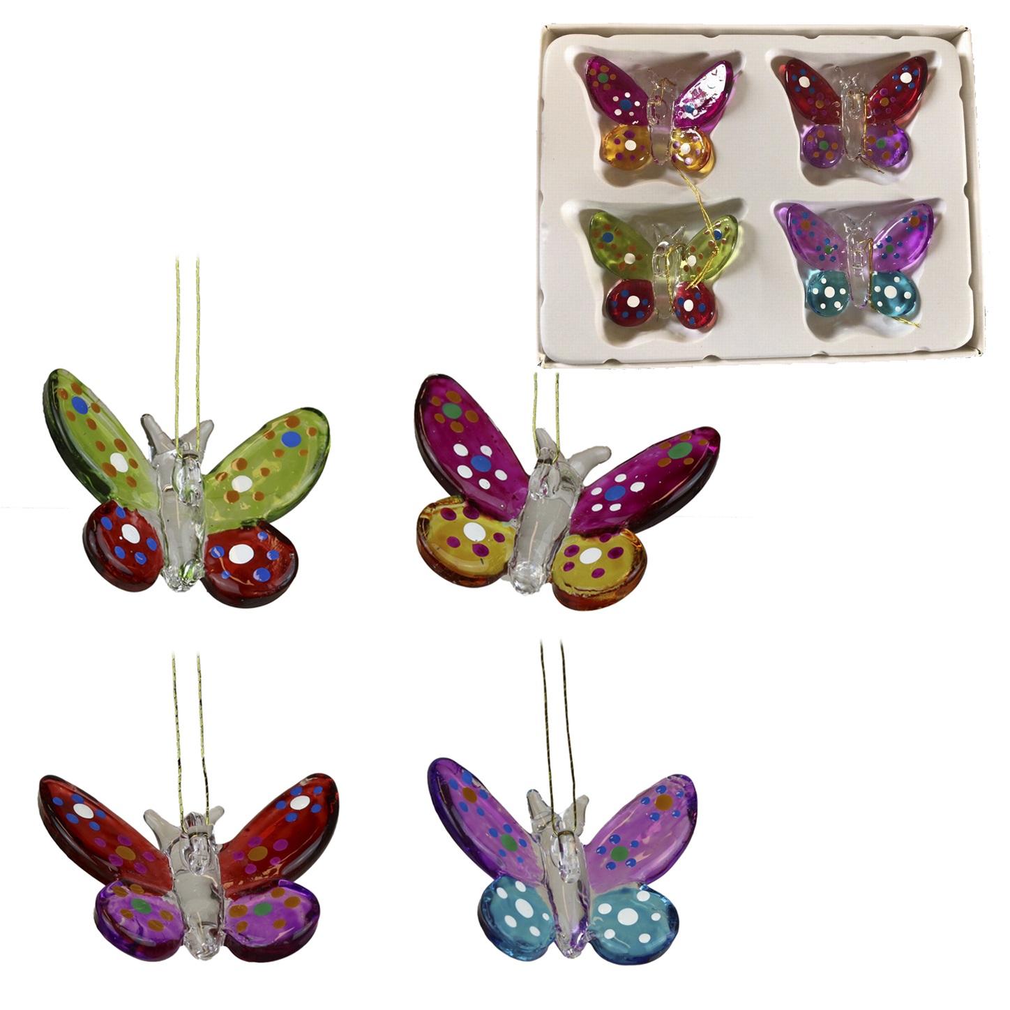 Glass dotted butterfly ornament L  BOX/4  