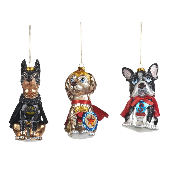 Glass  superhero dog ornament ASS/3