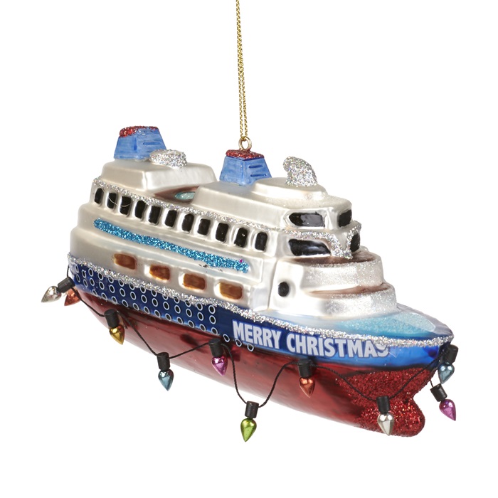 Glass merry Xmas cruise ship ornament