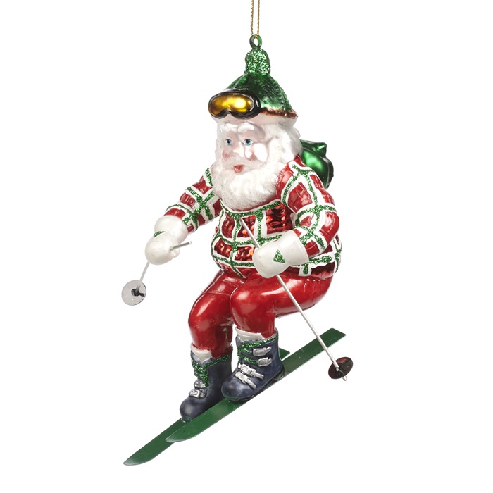 Glass skiing santa ornament