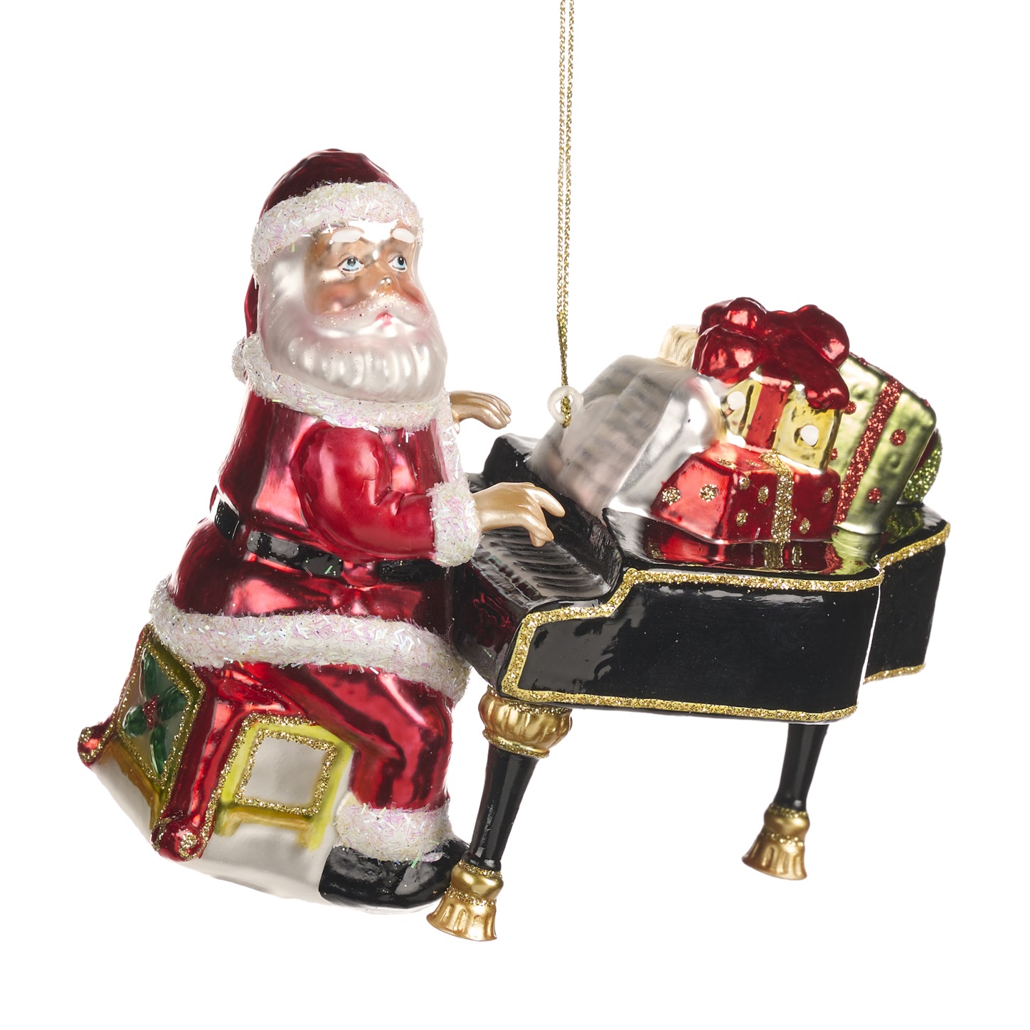 Glass Santa playing piano ornament