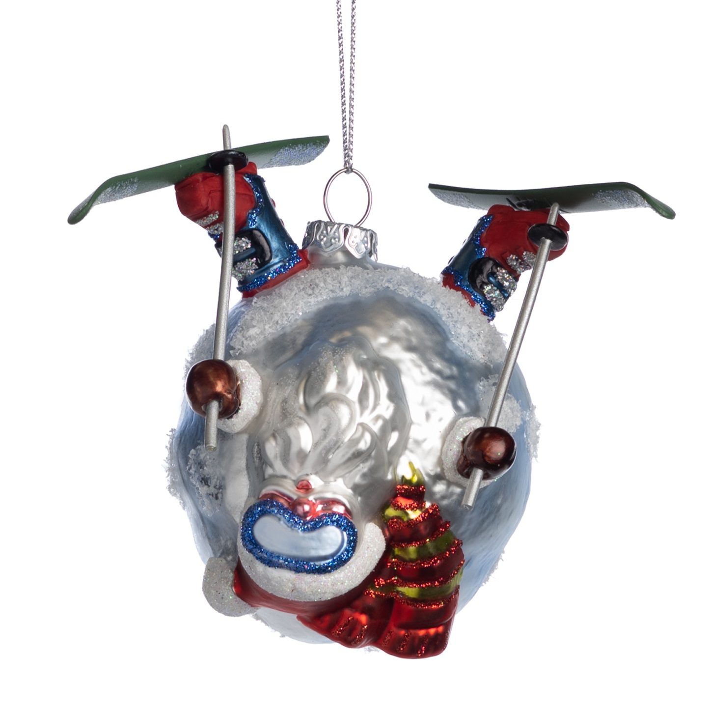 Glass skiing Santa ball ornament