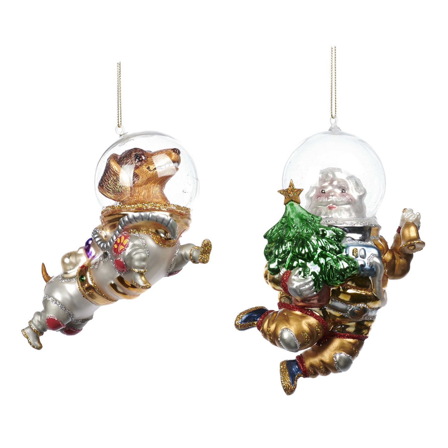 Glass dog/Santa astronaut ornament SET/2