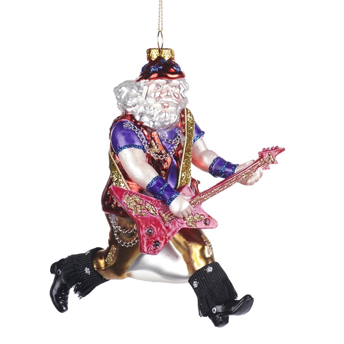 Glass rock Santa with guitar ornament