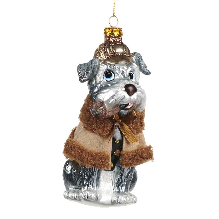 Glass  schnauzer detective dog ornament