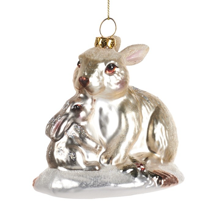 Glass rabbit with/baby rabbit ornament