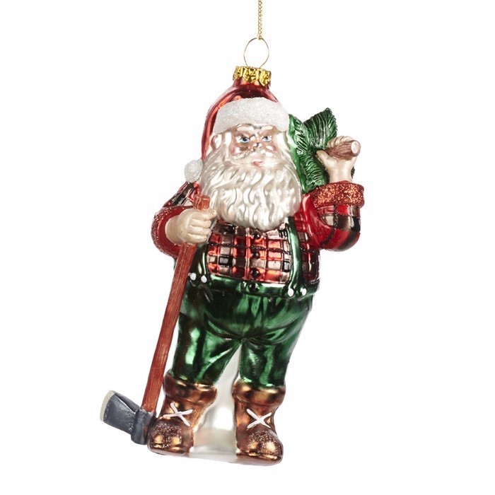 Glass lumberjack Santa ornament