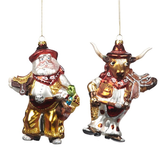 Glass cowboy Santa/Ox ornament SET/2