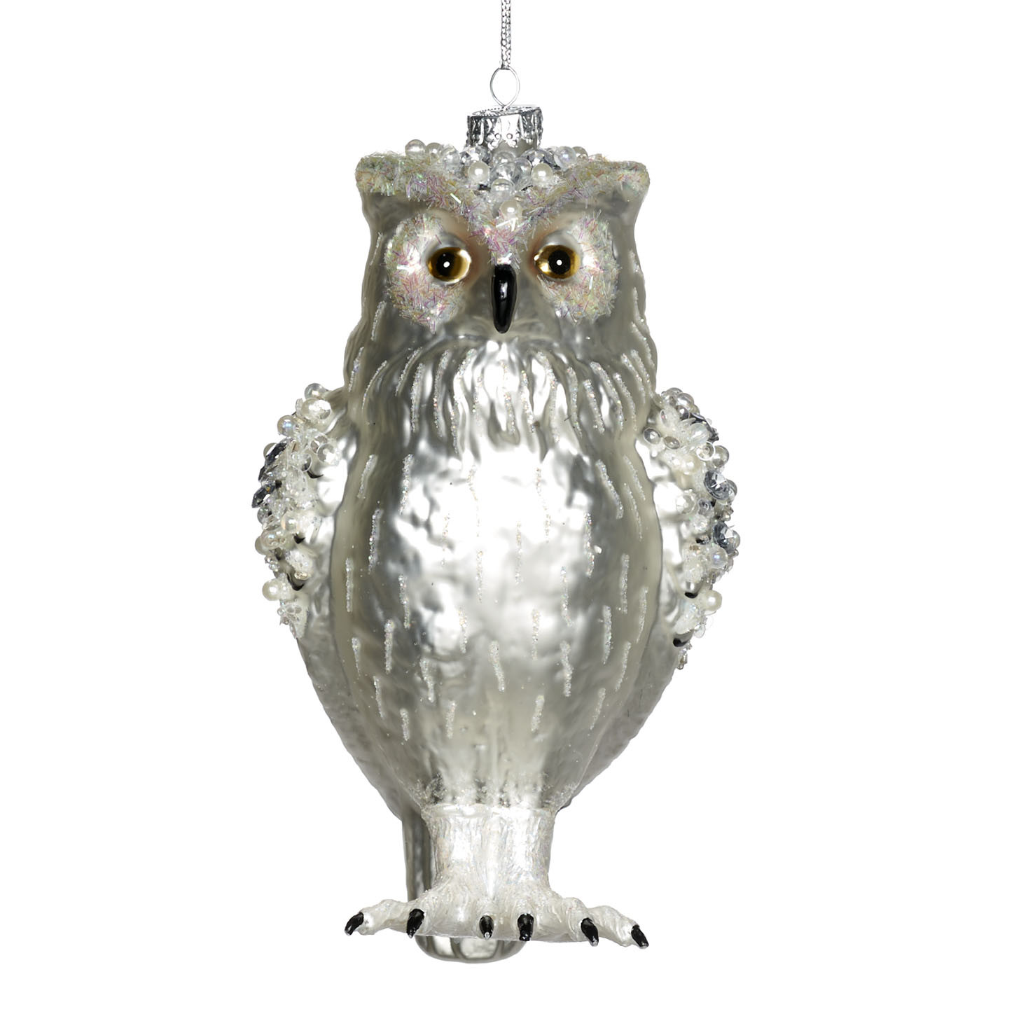 Glass feath owl ornament silver