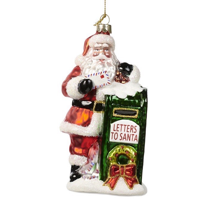 Glass Santa with mail bpx ornament