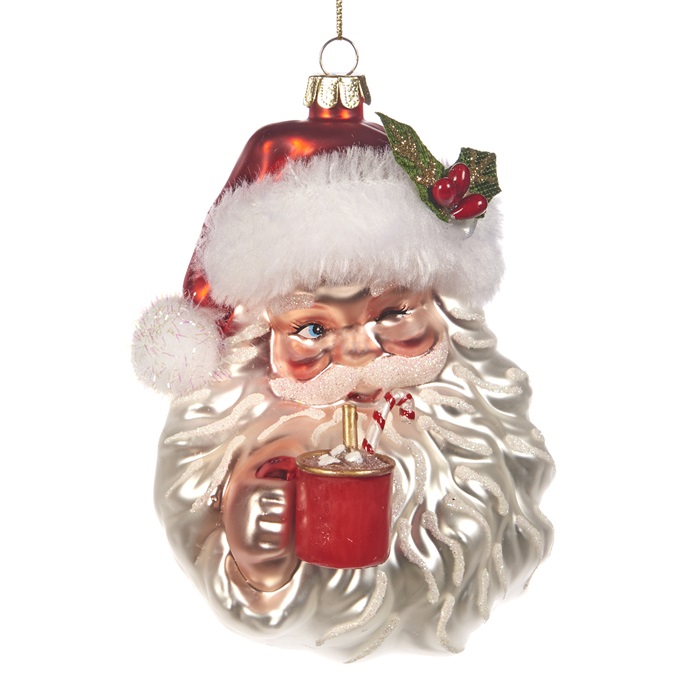 Glass fabric Santa head with mug ornament 