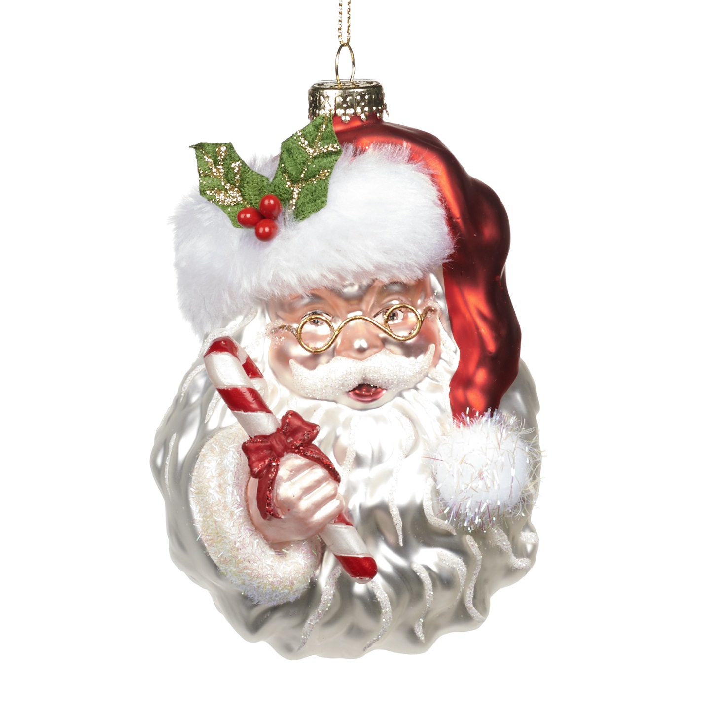 Glass Santa head with candy cane ornament